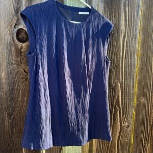 MM.LaFleur Textured Sleeveless Top Navy Lined Pleated Blouse Blue M Italy Fabric